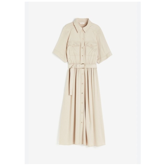 NWT H&M Tan Maxi Button Front Belted Short Sleeve Dress Size XL - Picture 1 of 7